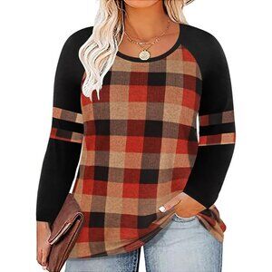 Women's Long Sleeve Fall Tunic Block Camo Plaid Blouse Crewneck T-Shirt